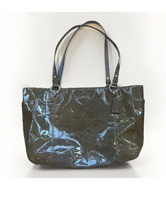 Coach Olive Green Op Art Embossed Patent Leather East West Gallery Tote - Picture 1 of 16